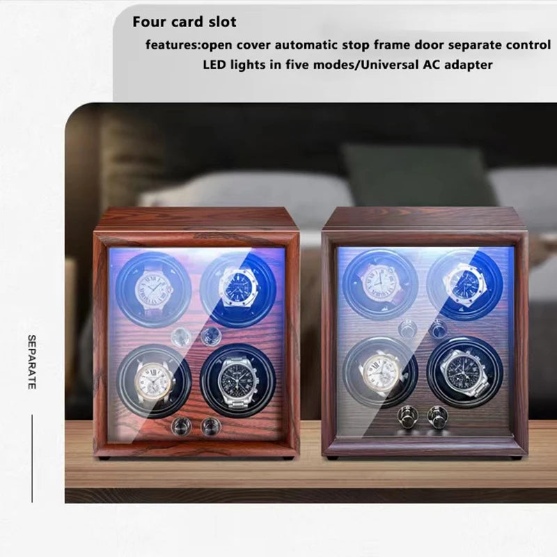 Mechanical Automatic Watch Winder Luxury Wood Watch Box Battery Installable with LED Light and Lid Sensor Watches Storage Box