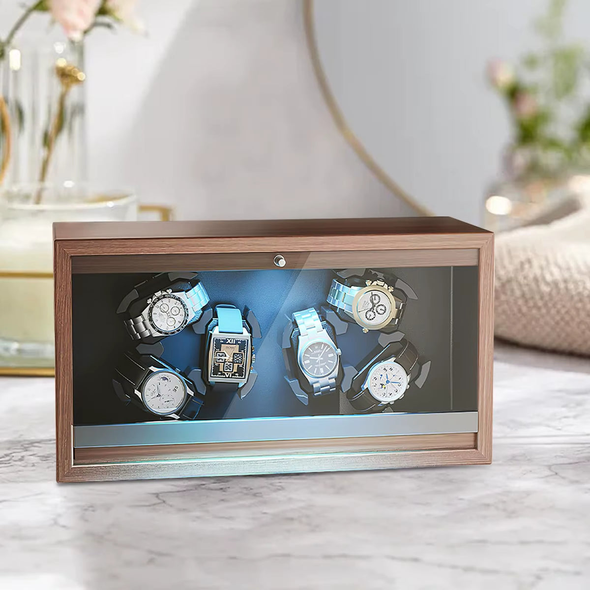 Watch Winder for Automatic Watches 6/4/3/2/1 Slots Watch Shaker Wooden Box Super Motor Blue LED Light Jewelry Store Display Box