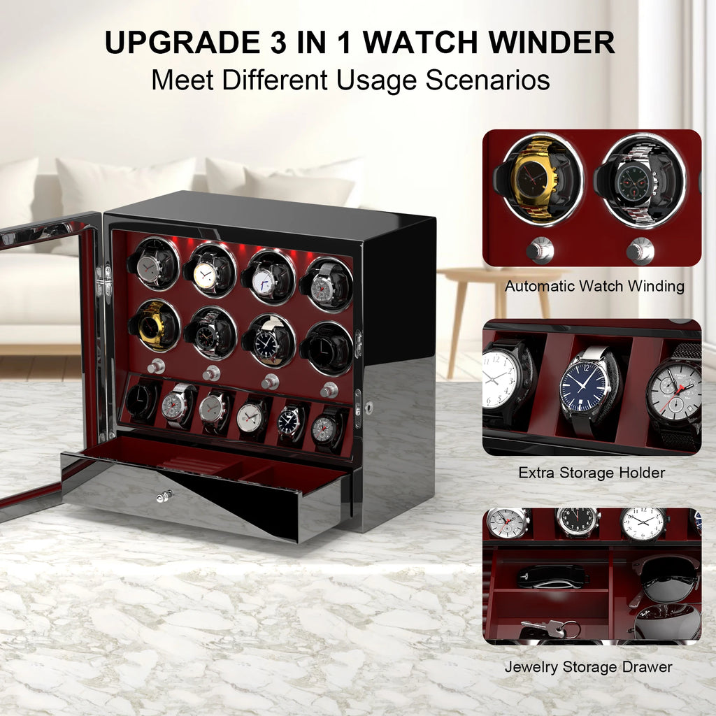 Watch Winder for Automatic Watches 2/4/6/8 Slots with Extra Storages Box with LED Light and Quiet Mabuchi Motor