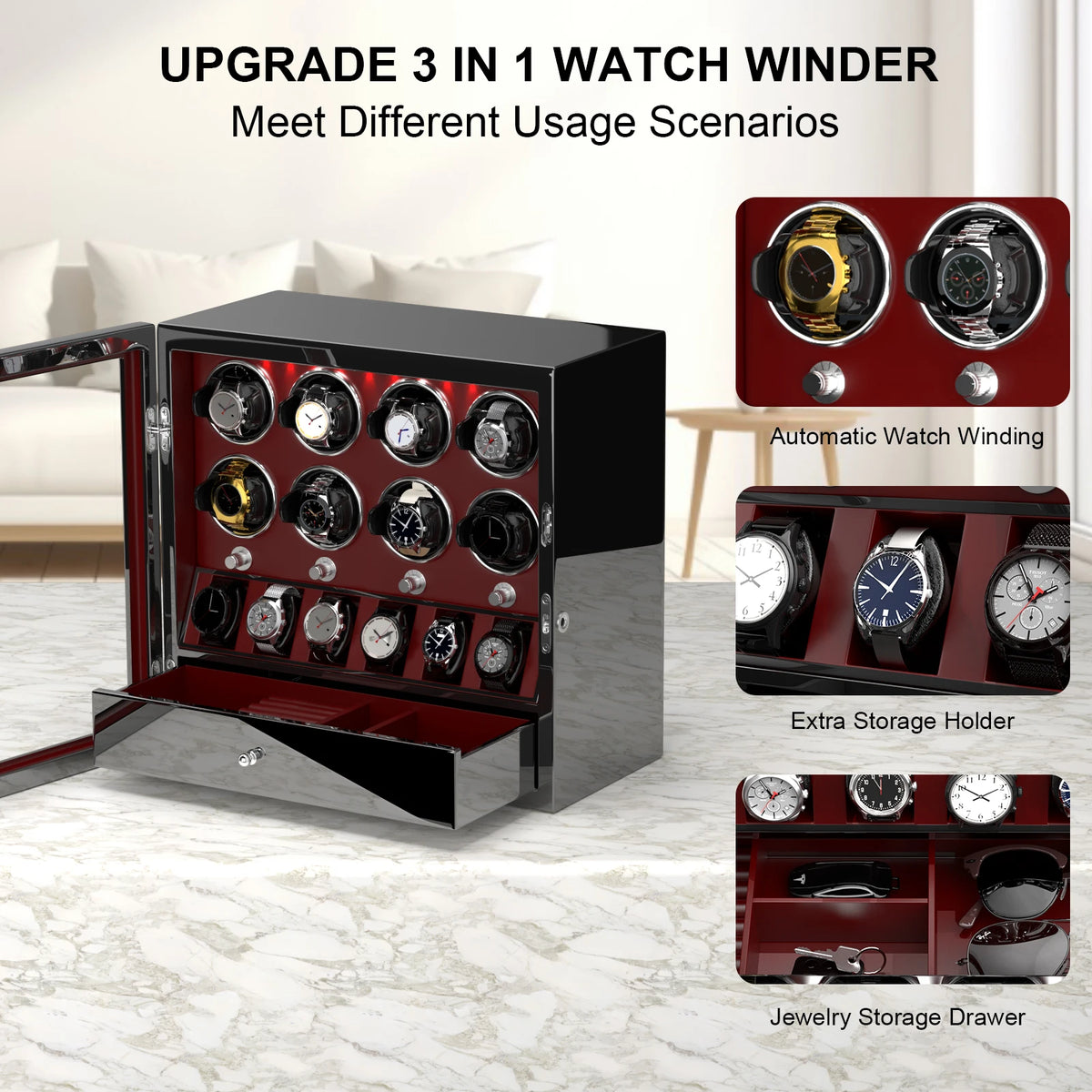 Watch Winder for Automatic Watches 2/4/6/8 Slots with Extra Storages Box with LED Light and Quiet Mabuchi Motor
