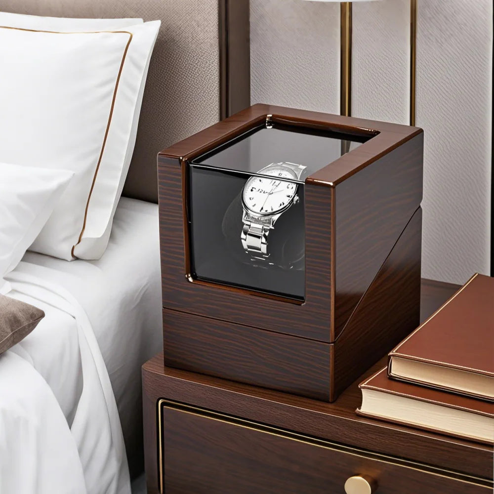 Luxry Wooden Watch Box Single Winder with Glass Storage Automatic Watch Case Battery Powered Shaker Mabuchi Motor