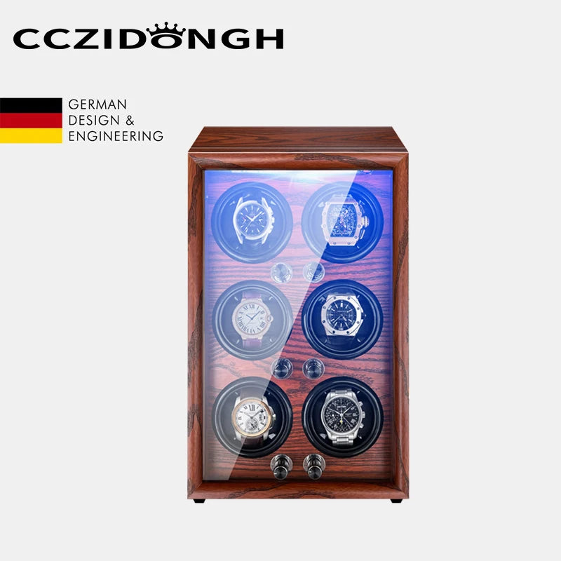 Mechanical Automatic Watch Winder Luxury Wood Watch Box Battery Installable with LED Light and Lid Sensor Watches Storage Box