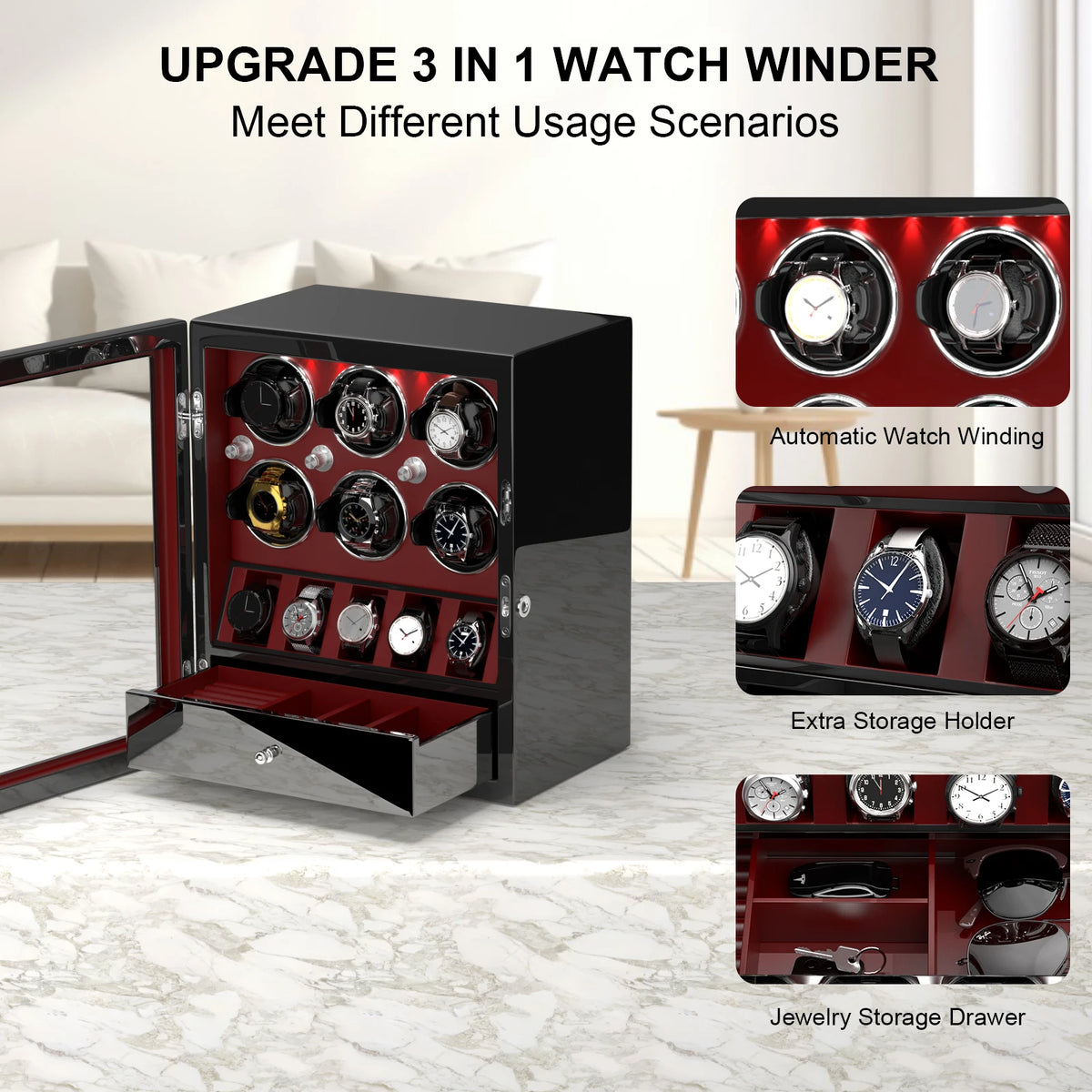 Automatic Watch Winder Storage Box 6 Slots with 5 Watch Organizer LED Light Winding with Silent Mabuchi Motor