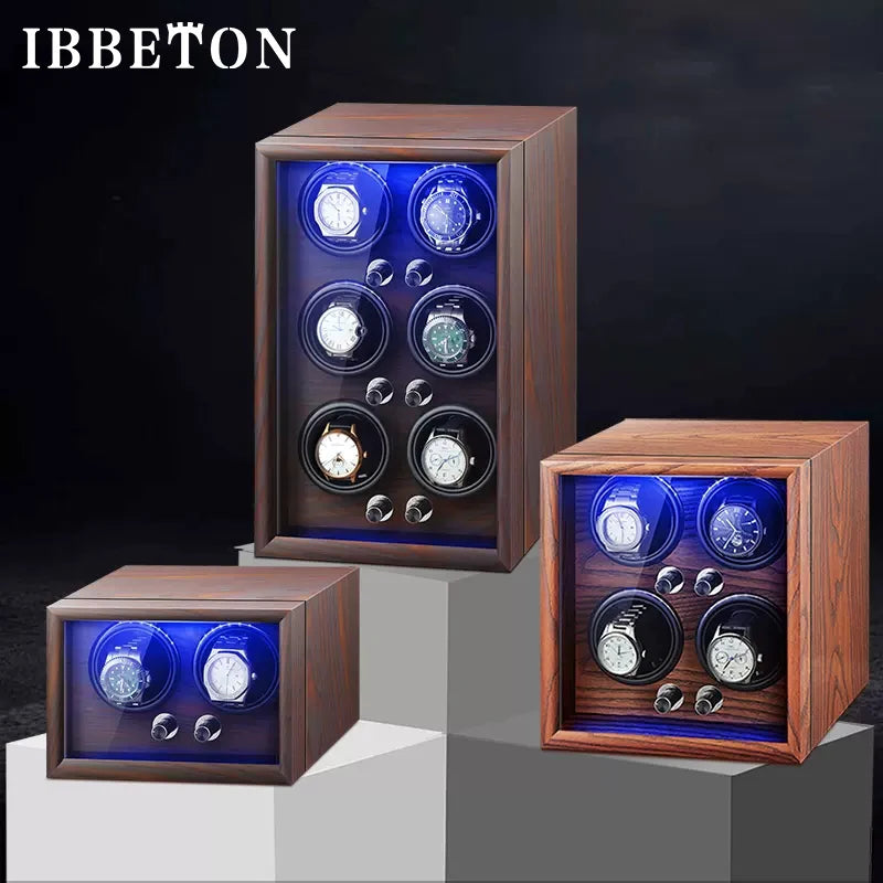 Mechanical Automatic Watch Winder Luxury Wood Watch Box Battery Installable with LED Light and Lid Sensor Watches Storage Box