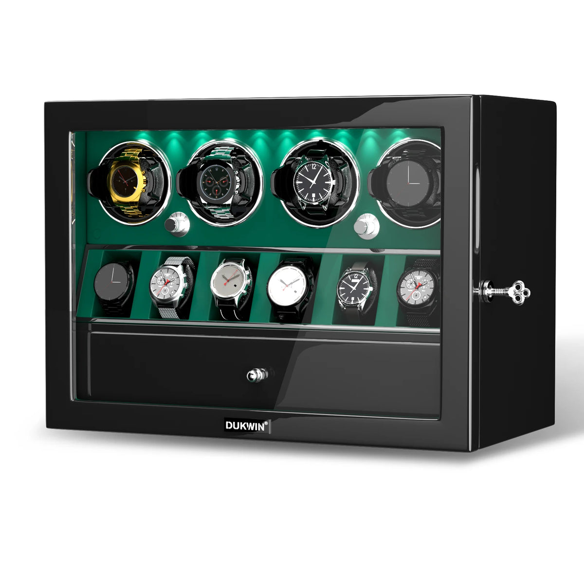 Automatic Rotation 4 Watch Winder with 6 Extra Storage Case Watch Display Box with LED Light and a Jewelry Drawer