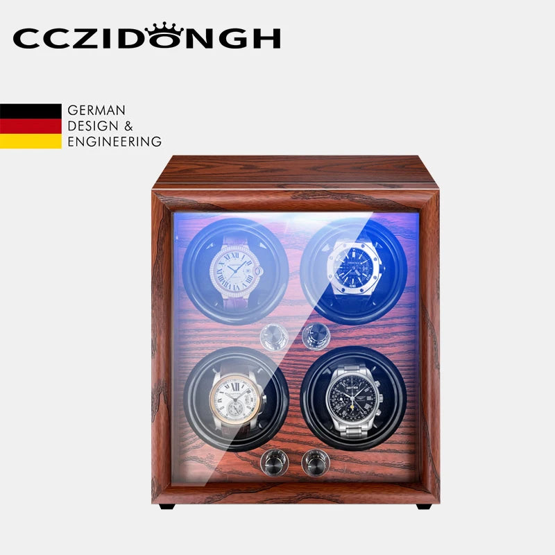 Mechanical Automatic Watch Winder Luxury Wood Watch Box Battery Installable with LED Light and Lid Sensor Watches Storage Box