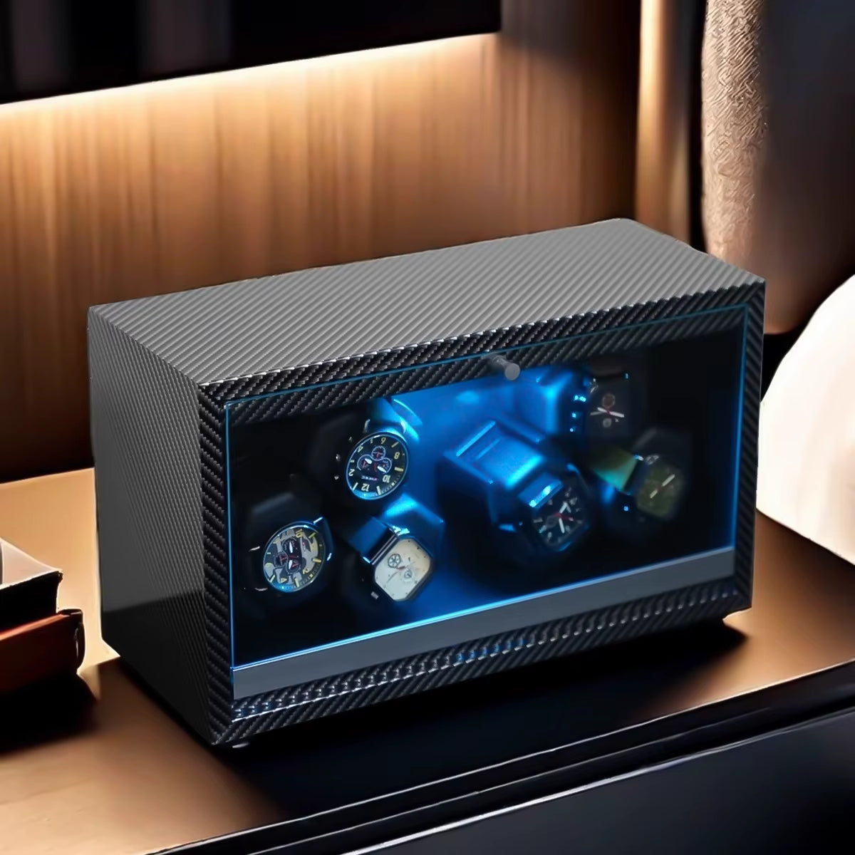 Watch Winder for Automatic Watches 6/4/2/1 Slots Watch Shaker Wooden Box Super Motor Blue LED Light Jewelry Store Display Box