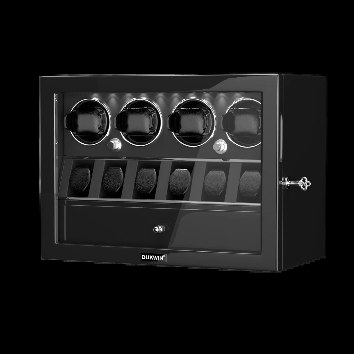 Automatic Rotation 4 Watch Winder with 6 Extra Storage Case Watch Display Box with LED Light and a Jewelry Drawer