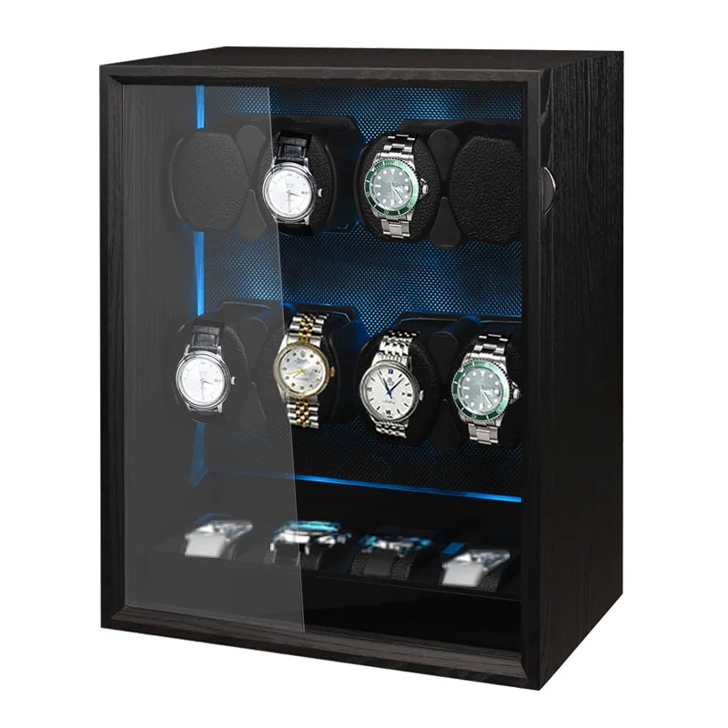 Watch Winder 2 4 8 Watches Storage Box Black Wood Grain Silent Motor with Backlight