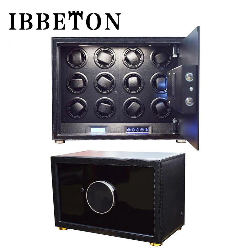 Black Watch Winder Security Safe for Automatic Watches with Digital Lock Faux Leather Finish and Interior Backlight 20Slot