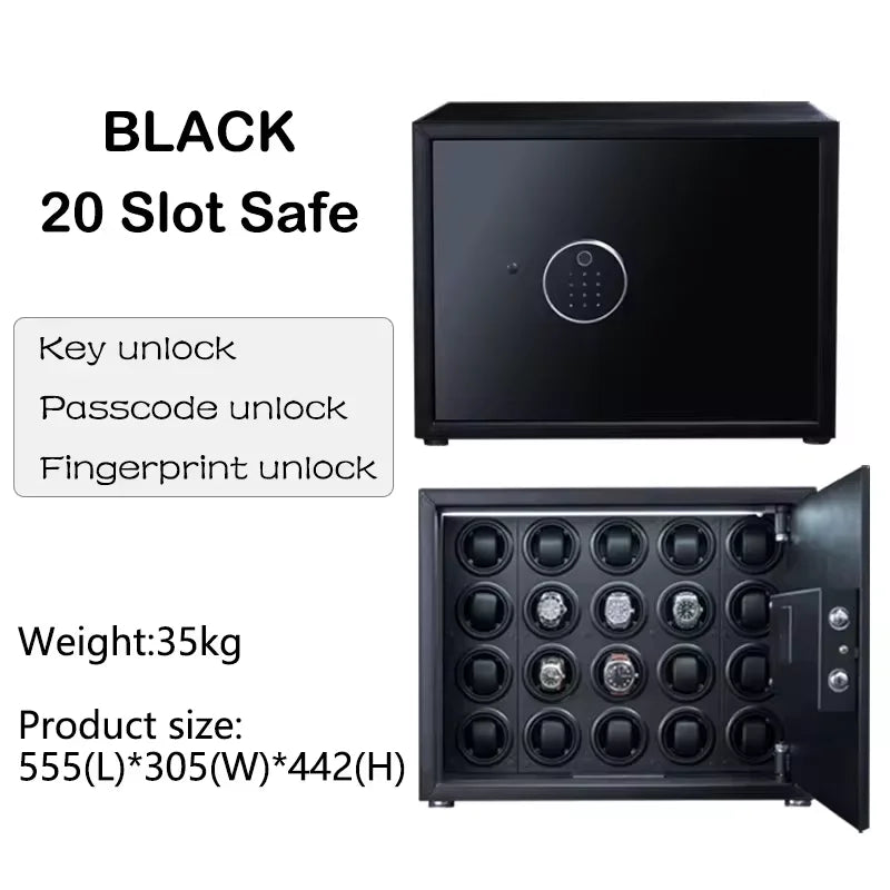 Black Watch Winder Security Safe for Automatic Watches with Digital Lock Faux Leather Finish and Interior Backlight 20Slot