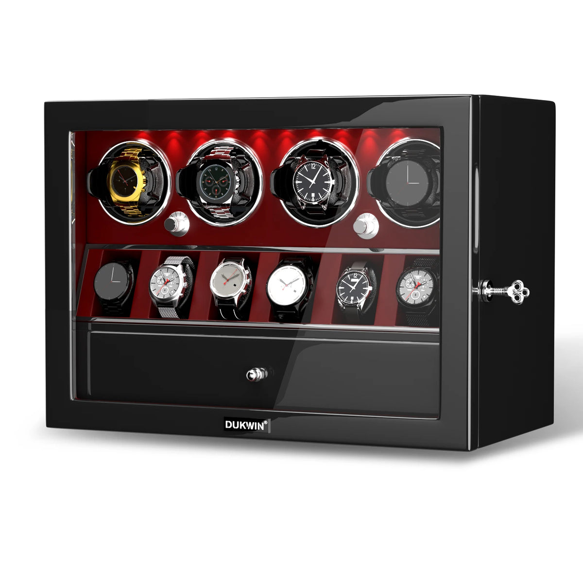 Automatic Rotation 4 Watch Winder with 6 Extra Storage Case Watch Display Box with LED Light and a Jewelry Drawer