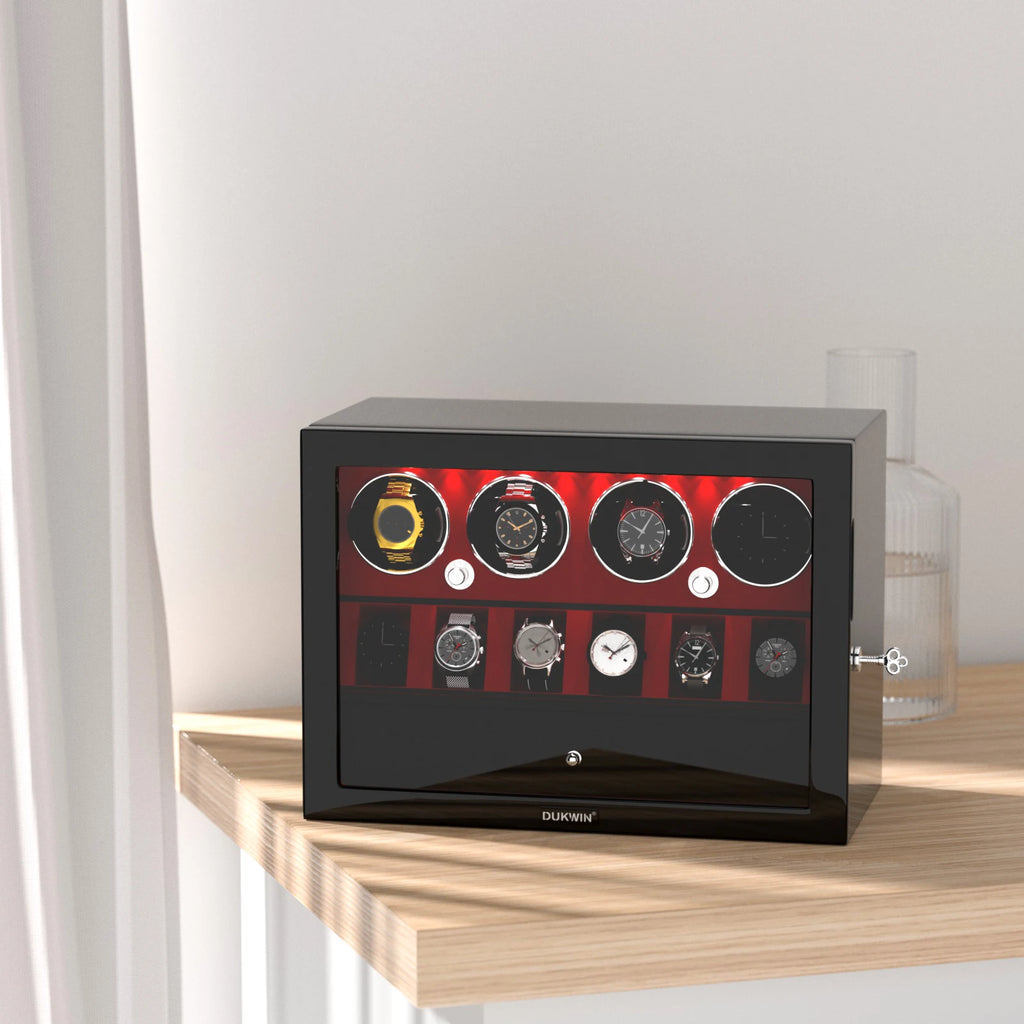 Automatic Rotation 4 Watch Winder with 6 Extra Storage Case Watch Display Box with LED Light and a Jewelry Drawer