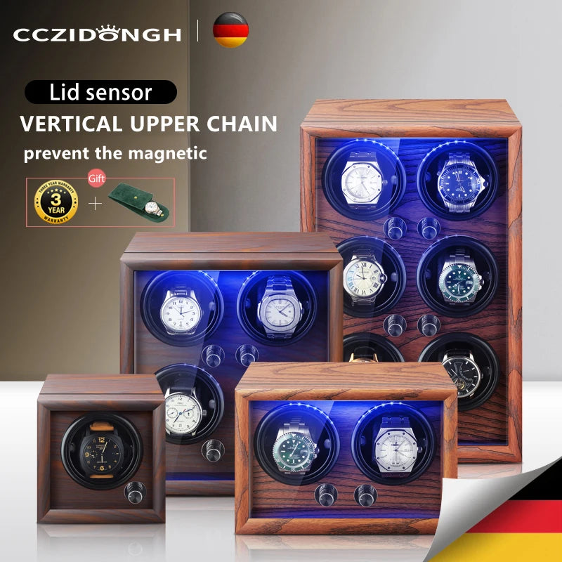 Mechanical Automatic Watch Winder Luxury Wood Watch Box Battery Installable with LED Light and Lid Sensor Watches Storage Box