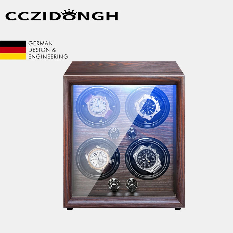 Mechanical Automatic Watch Winder Luxury Wood Watch Box Battery Installable with LED Light and Lid Sensor Watches Storage Box