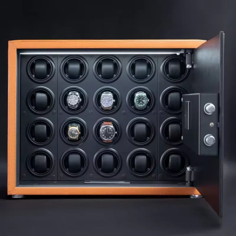 Black Watch Winder Security Safe for Automatic Watches with Digital Lock Faux Leather Finish and Interior Backlight 20Slot