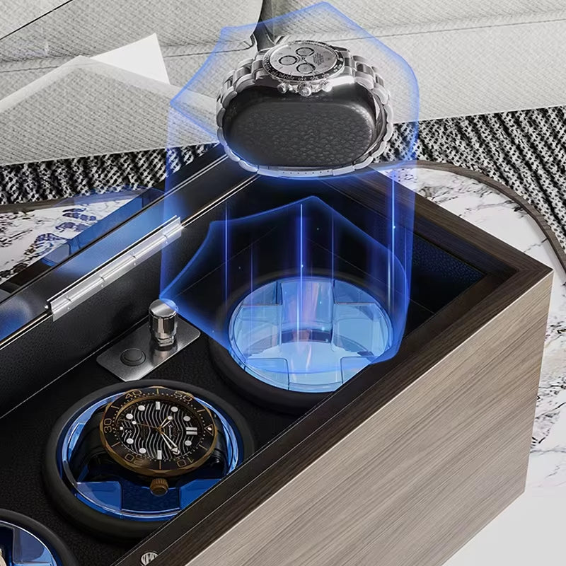 Wooden Automatic Watch Winder Box with Led Light Luxury Quiet Rotating Display Box Multiple Speeds and Slots