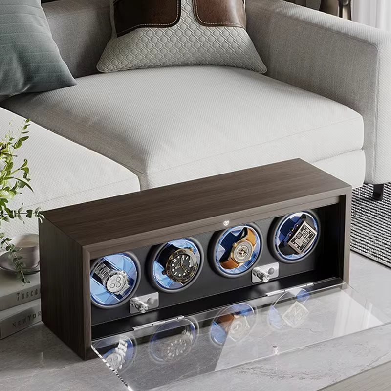 Wooden Automatic Watch Winder Box with Led Light Luxury Quiet Rotating Display Box Multiple Speeds and Slots