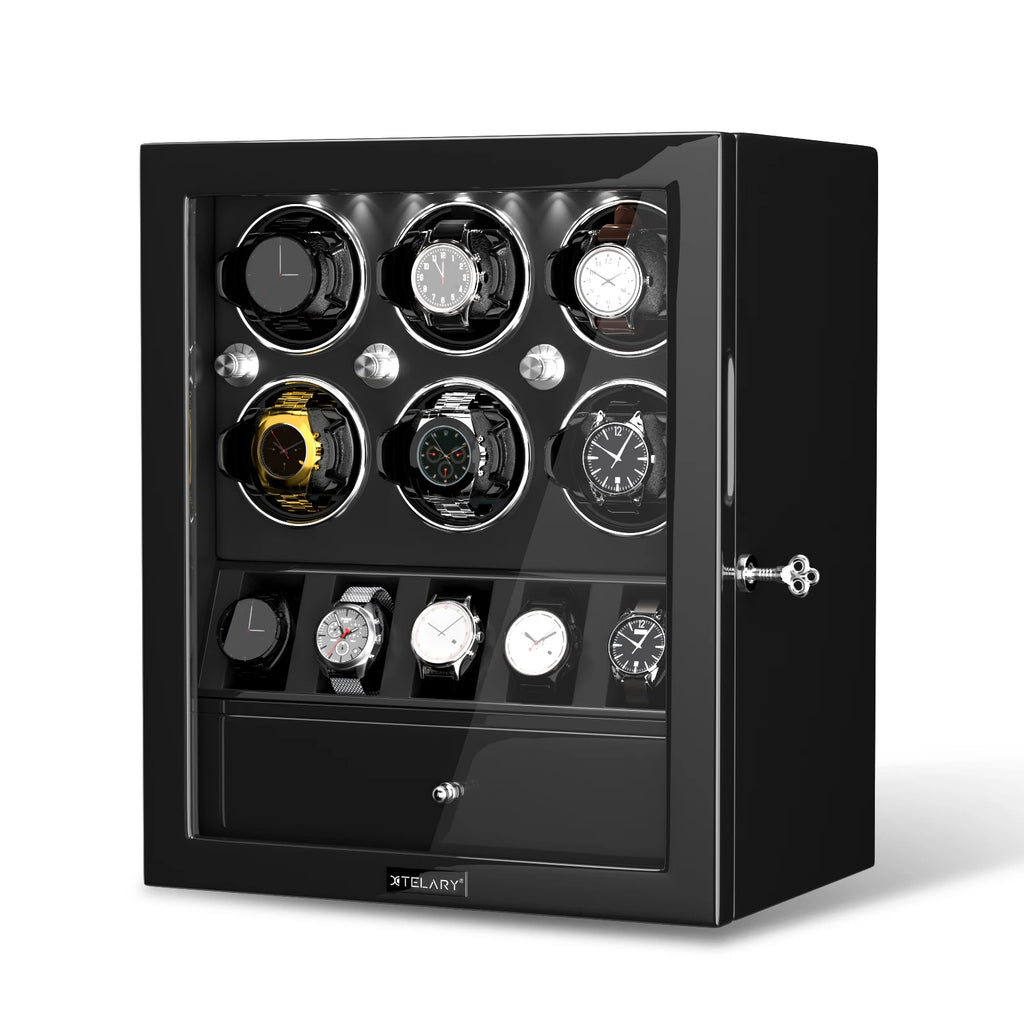Automatic Watch Winder Storage Box 6 Slots with 5 Watch Organizer LED Light Winding with Silent Mabuchi Motor