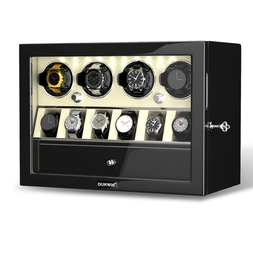 Automatic Rotation 4 Watch Winder with 6 Extra Storage Case Watch Display Box with LED Light and a Jewelry Drawer