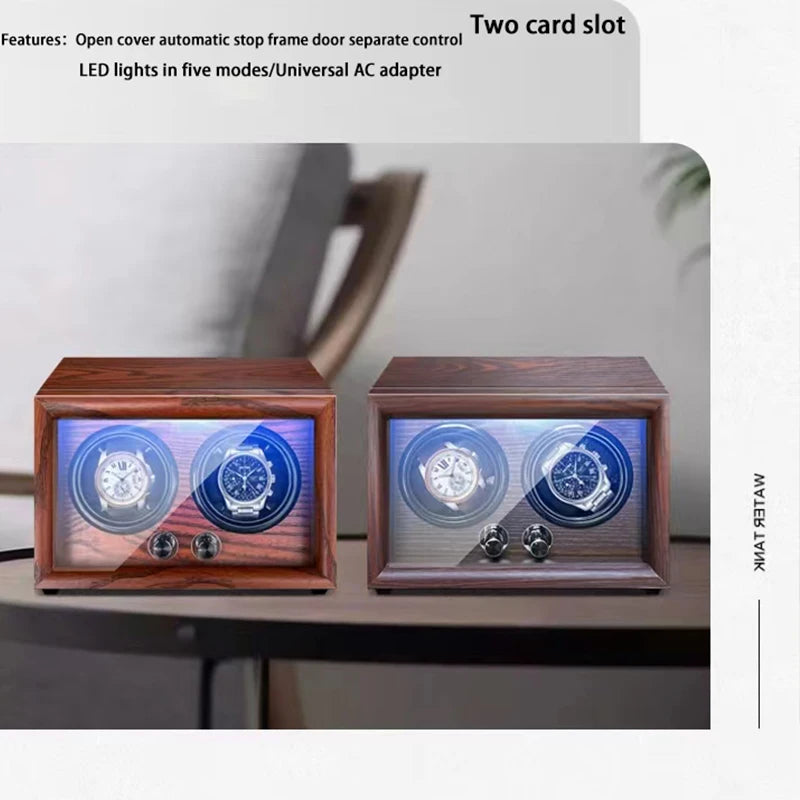 Mechanical Automatic Watch Winder Luxury Wood Watch Box Battery Installable with LED Light and Lid Sensor Watches Storage Box