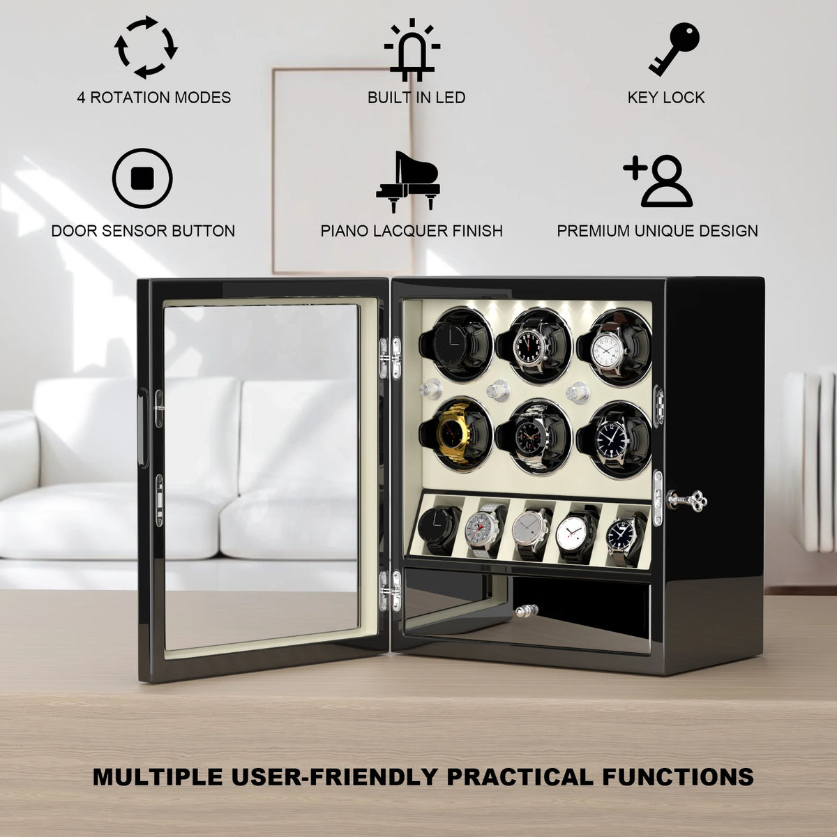 Watch Winder for Automatic Watches 2/4/6/8 Slots with Extra Storages Box with LED Light and Quiet Mabuchi Motor