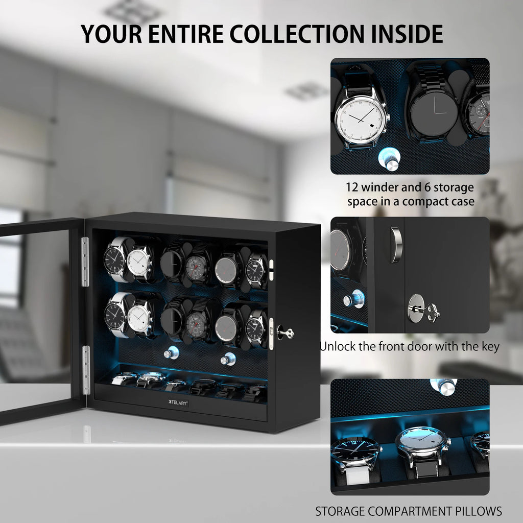 Automatic Watch Winder for Rolex 4/6/8/12 Slot Jewelry Display Box with Blue Light Storage Case for Collectors