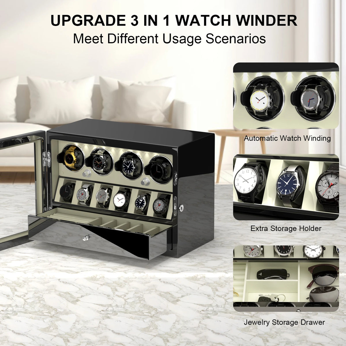 Automatic Rotation 4 Watch Winder with 6 Extra Storage Case Watch Display Box with LED Light and a Jewelry Drawer