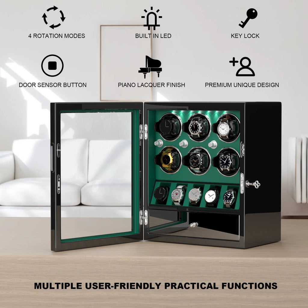 Automatic Watch Winder Storage Box 6 Slots with 5 Watch Organizer LED Light Winding with Silent Mabuchi Motor