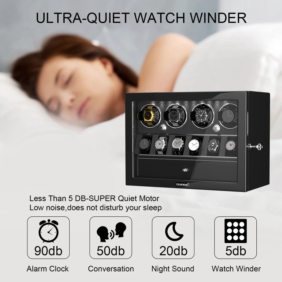 Automatic Rotation 4 Watch Winder with 6 Extra Storage Case Watch Display Box with LED Light and a Jewelry Drawer
