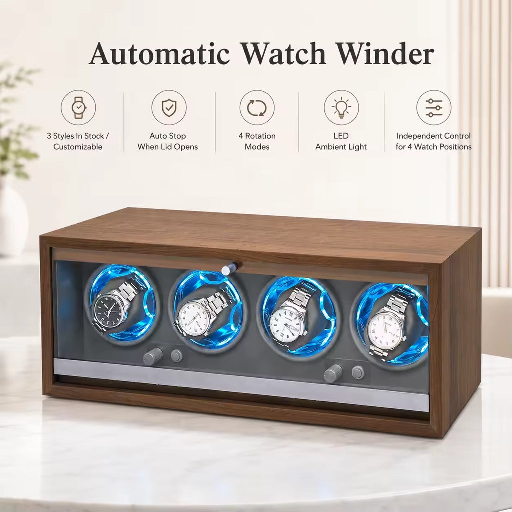 Wooden Automatic Watch Winder Box with Led Light Luxury Quiet Rotating Display Box Multiple Speeds and Slots
