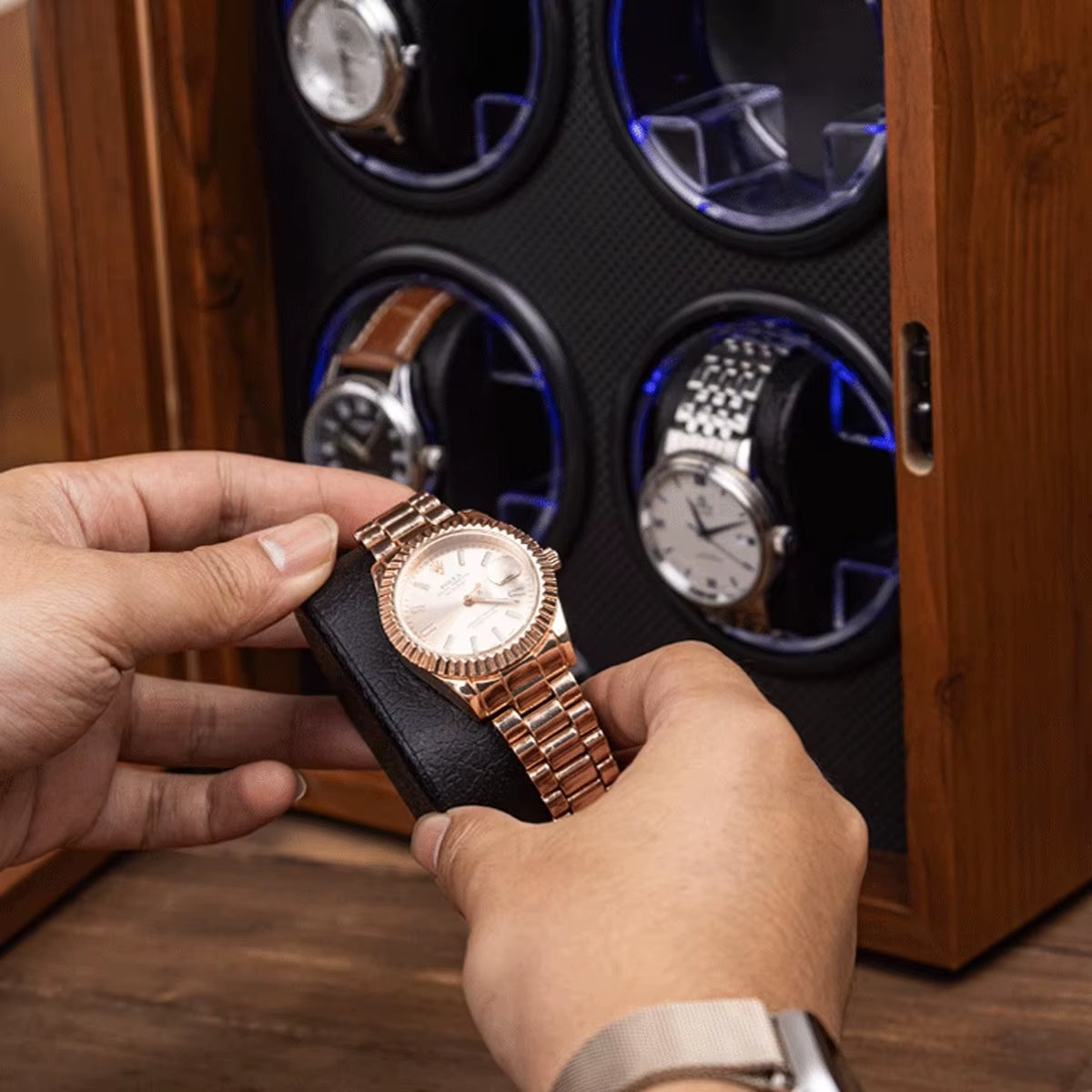 Watch Winder for Automatic Watches 6/4/2/1 Slots Watch Shaker Wooden Box Super Motor Blue LED Light Jewelry Store Display Box