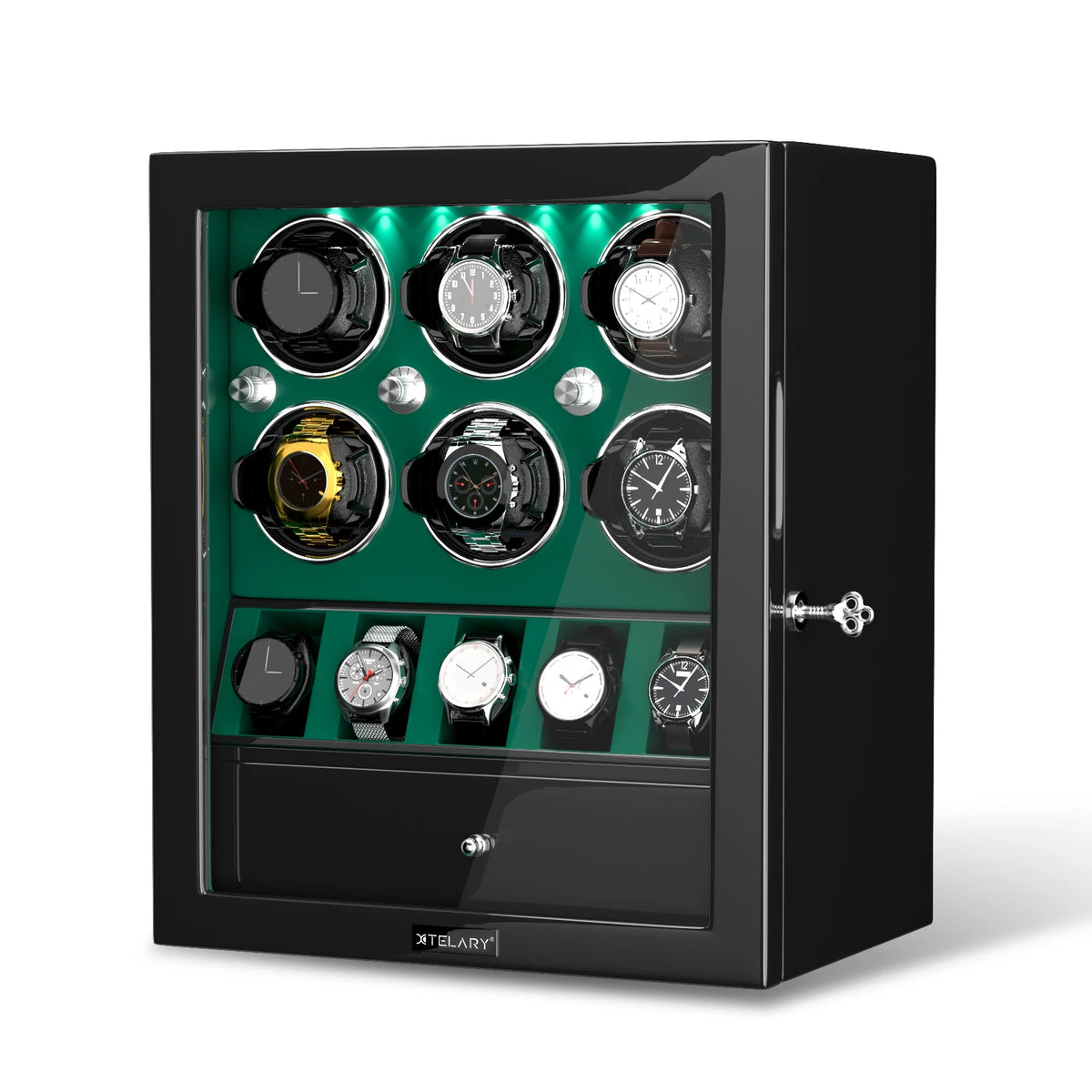 Automatic Watch Winder Storage Box 6 Slots with 5 Watch Organizer LED Light Winding with Silent Mabuchi Motor