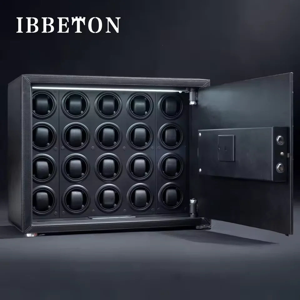 Black Watch Winder Security Safe for Automatic Watches with Digital Lock Faux Leather Finish and Interior Backlight 20Slot