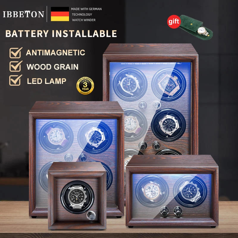 Mechanical Automatic Watch Winder Luxury Wood Watch Box Battery Installable with LED Light and Lid Sensor Watches Storage Box