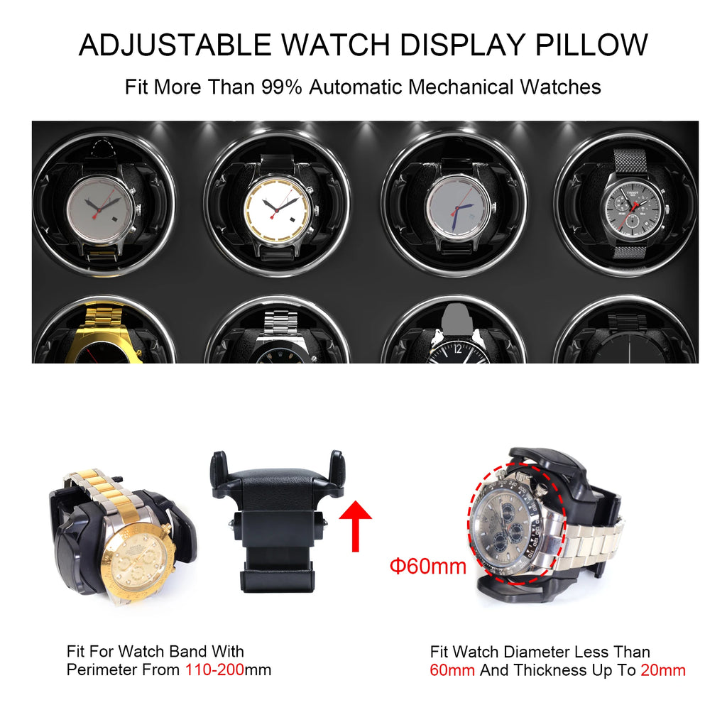 Watch Winder for Automatic Watches 2/4/6/8 Slots with Extra Storages Box with LED Light and Quiet Mabuchi Motor