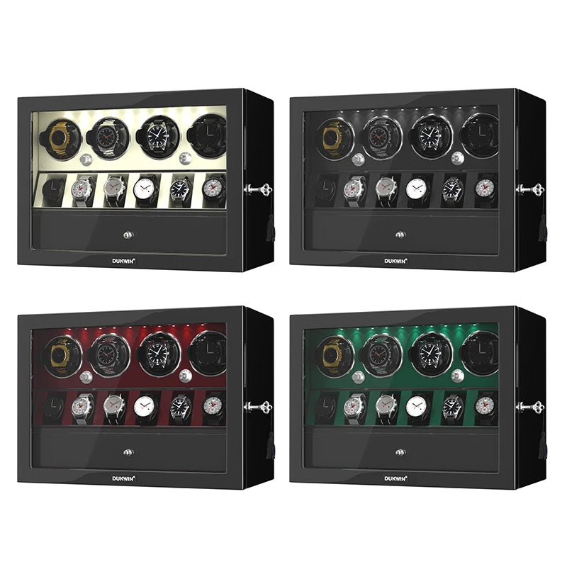 Automatic Rotation 4 Watch Winder with 6 Extra Storage Case Watch Display Box with LED Light and a Jewelry Drawer